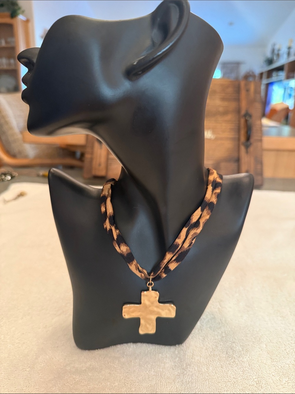 Gold Cross Pendant Necklace on Leopard Print Cord